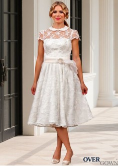 Lace & Organza High Collar Tea Length Short Wedding Dresses 