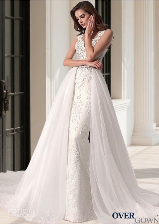 Tulle Jewel Neck 2 in 1 Wedding Dress With Cathedral Train Sleeveless Bridal Gown Tulle Jewel Neck 2 in 1 Wedding Dress With Cathedral Train Sleeveless Bridal Gown