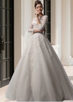 Elegant Jewel Neck Tulle A-Line Wedding Dress with Illusion 3/4 Sleeves Elegant Jewel Neck Tulle A-Line Wedding Dress with Illusion 3/4 Sleeves