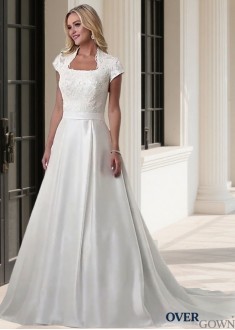 Queen Anne Neckline Satin Cap Sleeve A-Line Wedding Dress