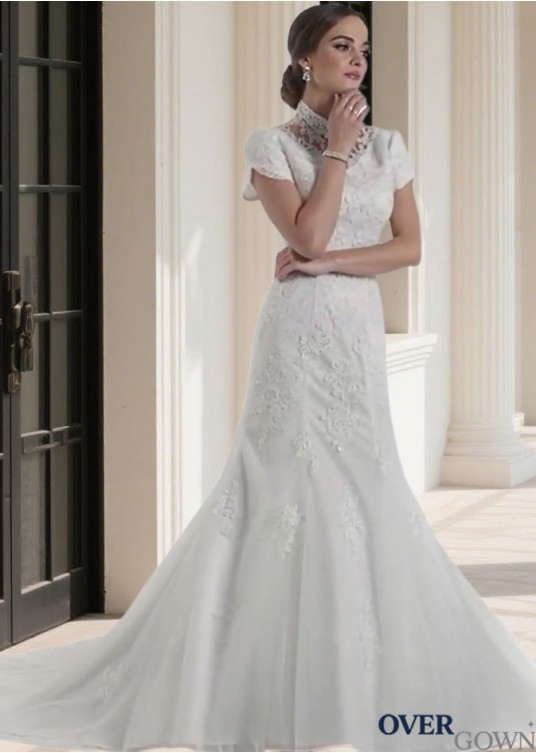 High Collar Mermaid Bridal Dresses with Short T-Shirt Sleeves High Collar Mermaid Bridal Dresses with Short T-Shirt Sleeves