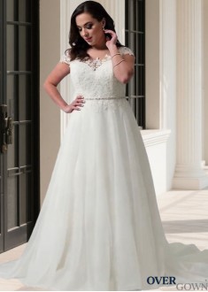 Plus Size Jewel Neck Tulle Organza Wedding Dress Short Illusion Sleeves
