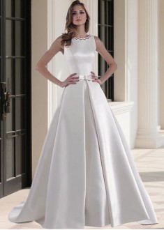 Elegant Satin Bateau Neck Wedding Dress with Cathedral Train Sleeveless Bridal Gown