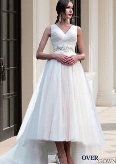 Plus Size High Low Tulle Wedding Gown with Sweep Train V-Neck