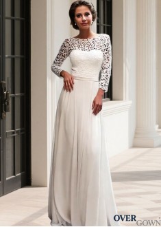 Bateau Neck Chapel Train Wedding Gown in Lace & Chiffon