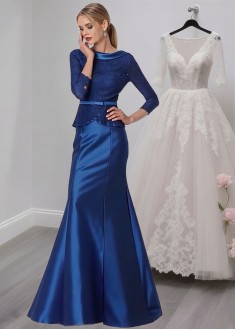 Satin Mother of the Bride Dress – Jewel Neck Mermaid Gown with Sleeves