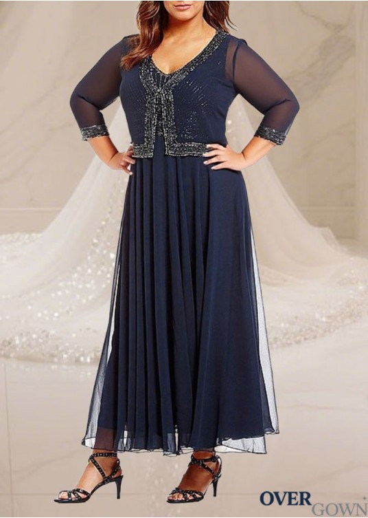 Elegant Navy V-Neck Ankle-Length Chiffon Mother of the Bride Dress Elegant Navy V-Neck Ankle-Length Chiffon Mother of the Bride Dress