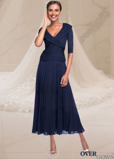 Navy V-Neck Mother of the Bride Dress – Tea Length A-Line Gowns
