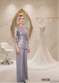  Lace Chiffon Mother of the Bride Pantsuit with Bateau Neckline and Illusion Sleeves