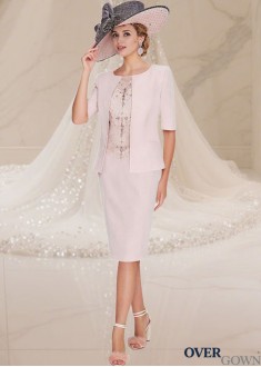 Pink Satin Mother of the Bride Dress with Jacket – Bateau Neck Knee-Length Sheath