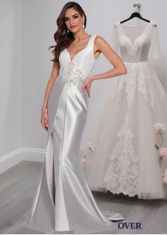 Elegant Full-Length Tulle and Satin V-Neck Mother of the Bride Dress Elegant Full-Length Tulle and Satin V-Neck Mother of the Bride Dress