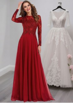 Red Chiffon A-Line Mother of the Bride Dress with Jewel Neck and Long Sleeves Red Chiffon A-Line Mother of the Bride Dress with Jewel Neck and Long Sleeves