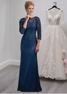 Elegant Blue Lace Satin Chiffon Mother of the Bride Dress with Jewel Neckline Elegant Blue Lace Satin Chiffon Mother of the Bride Dress with Jewel Neckline