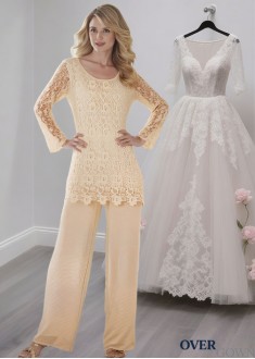 Scoop Neck Chiffon Lace Pantsuit with Illusion Sleeves for Mother of the Bride