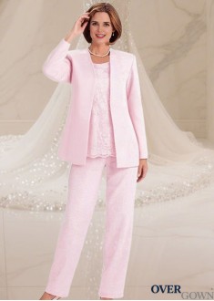 Elegant Pink Three-Piece Lace Satin Mother of the Bride Pantsuit with Jacket
