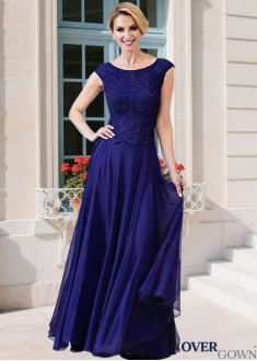 Full Length Chiffon Mother of the Bride Gown Bateau Neck Cap Sleeves