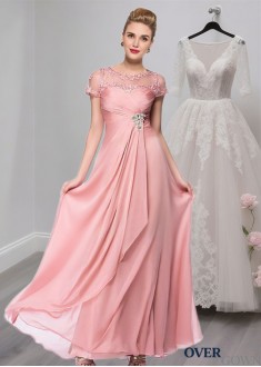Elegant Pink Silk-Like Chiffon Illusion Sleeve Mother of the Bride Dress