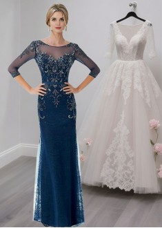 Blue Tulle Satin Mother of the Bride Dress – Scoop Neck Evening Gown Sheath