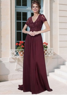 V-Neck Mother of the Bride Dresses – A Line Gowns with Short Sleeves