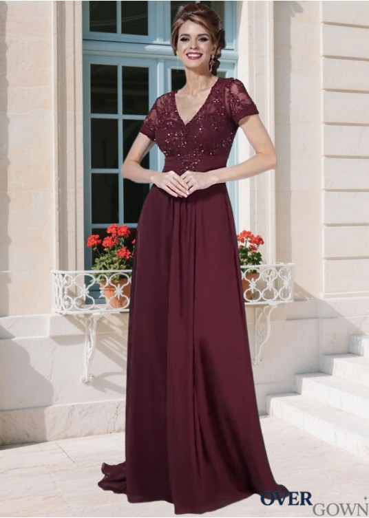 V-Neck Mother of the Bride Dresses – A Line Gowns with Short Sleeves V-Neck Mother of the Bride Dresses – A Line Gowns with Short Sleeves