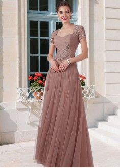 Elegant Net Mother of the Bride Dress – Sweetheart A-Line Gown with T-Shirt Sleeves, Full Length