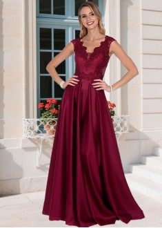 Elegant Tulle & Satin V-Neck A-Line Mother of the Bride Dress with Cap Sleeves – Full Length Elegant Tulle & Satin V-Neck A-Line Mother of the Bride Dress with Cap Sleeves – Full Length
