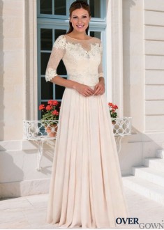 Full Length Tulle Mother of the Bride Gown with Illusion Sleeves