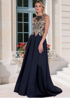 Elegant Tulle Satin Jewel Neck A-Line Mother of the Bride Dress – Full Length