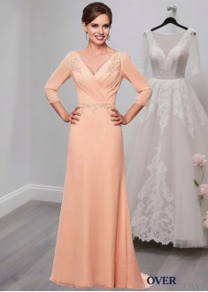 Prom Chiffon V Neck A Line Mother of the Bride Dress with Long Sleeves Prom Chiffon V Neck A Line Mother of the Bride Dress with Long Sleeves