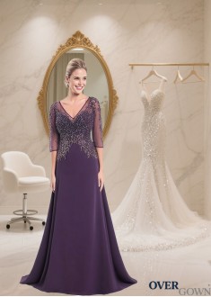 Purple V-Neck A-Line Mother of the Bride Dress with Illusion Sleeves in Tulle & Chiffon