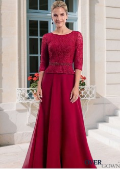 Illusion Sleeve Lace Chiffon MOB Dress Red
