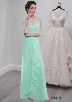 Full-Length Tulle Chiffon A-Line Dress with Scoop Neck and Sleeves Full-Length Tulle Chiffon A-Line Dress with Scoop Neck and Sleeves