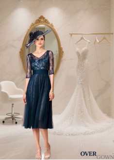 Tea-Length Tulle Lace V-Neck Illusion Sleeve Mother of the Bride Dress - Wedding Guest Gown Tea-Length Tulle Lace V-Neck Illusion Sleeve Mother of the Bride Dress - Wedding Guest Gown