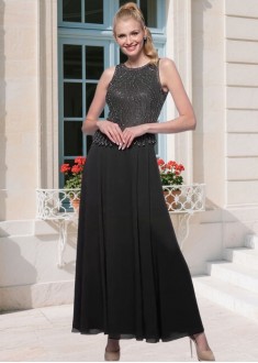 Elegant Black Tulle & Chiffon Mother of the Bride Dress – Scoop Neck A-Line Ankle Length