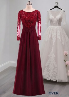Red Tulle A-Line Evening Dresses with Scoop Neck and Illusion Sleeves