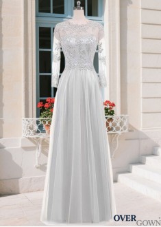 Elegant Silver Full-Length A-Line MOB Dress Tulle Jewel Neckline