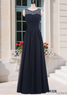 Full Length A-Line Mother of the Bride Gown Blue Scoop Tulle Chiffon