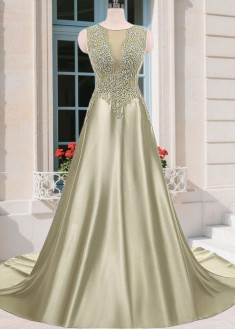 Elegant Tulle & Satin Scoop Neck A-Line Mother of the Bride Dress – Full Length Gown