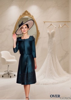 Square Neck Satin Tea-Length A-Line Mother of the Bride Dress with Coat Jacket Sleeve