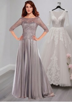 Elegant Lace & Silk A Line Mother of the Bride Dress with Illusion Sleeves