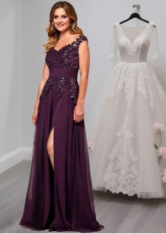 Purple V-Neck Chiffon Mother of the Bride Dress – Evening Gown with Cap Sleeves