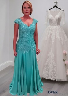 Blue V-Neck Mother of the Bride Dress with Cap Sleeves – Long Formal Gowns Blue V-Neck Mother of the Bride Dress with Cap Sleeves – Long Formal Gowns