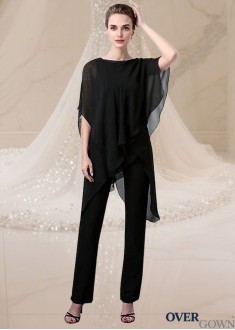 Elegant Black Chiffon Bateau Neck Mother of the Bride Pantsuit