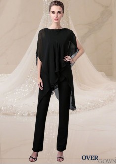 Elegant Black Chiffon Bateau Neck Mother of the Bride Pantsuit