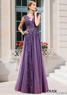 Bateau Neckline Cap Sleeve Tulle A-line Full Mother Dress