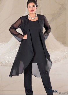 Elegant Black Three-Piece Chiffon Mother of the Bride Pantsuit with Jacket