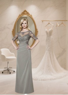 Full Length Chiffon Mother of the Bride Dress with Illusion Sleeves and Bateau Neckline