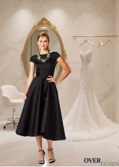 Elegant Black Satin A-Line Tea-Length Formal Dress with Bateau Neckline