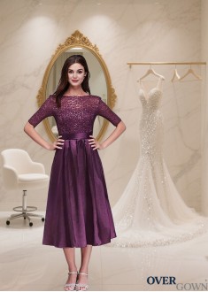 Tea-Length A-Line Mother of the Bride Dress with Bateau Neck and Lace Taffeta Fabric