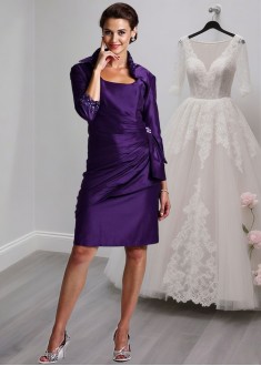 Purple Taffeta Tea-Length Mother of the Bride Dress with Square Neck and Jacket Sleeves